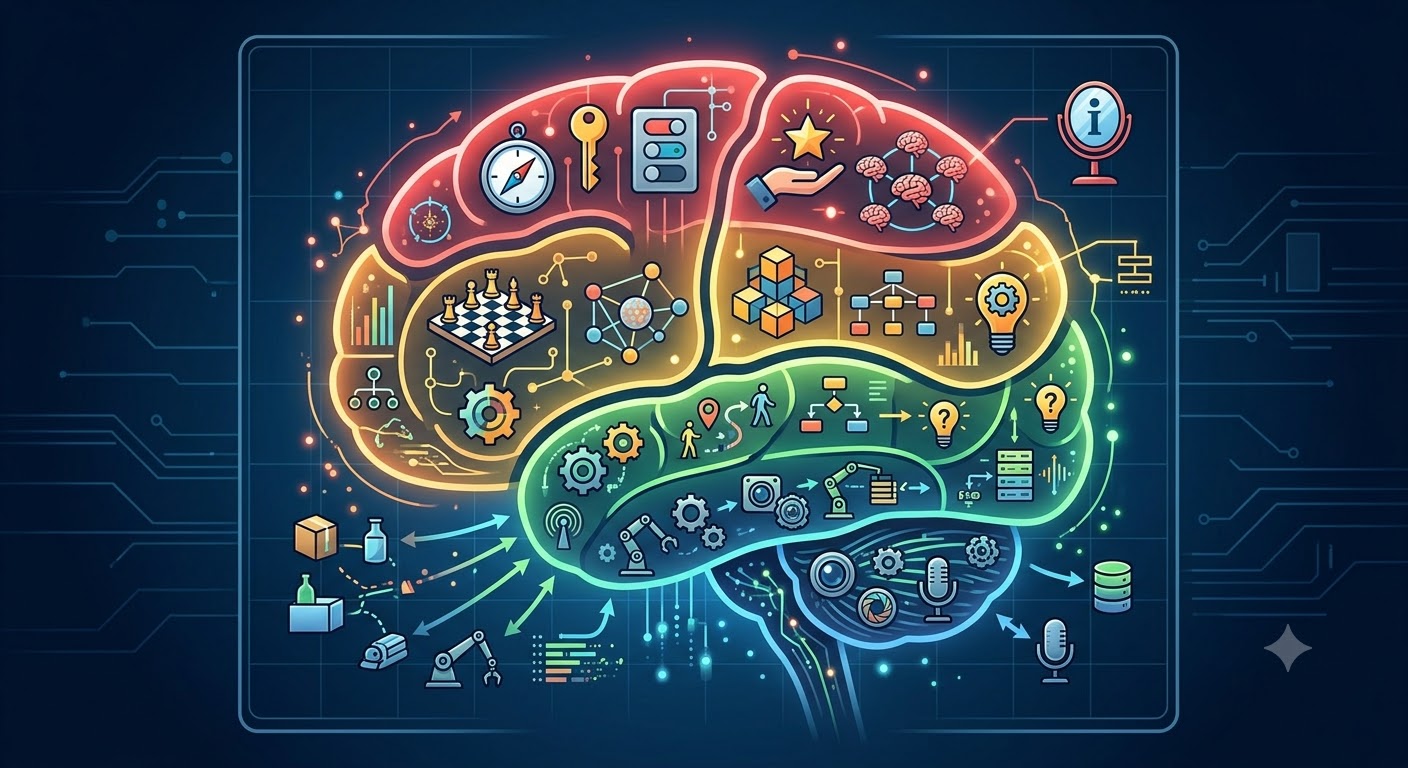 a stylized brain with segments depicting an ai agent hierarchy of roles