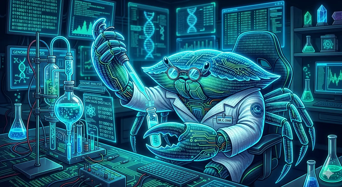 a digital binary lobster performing science in a digital lab